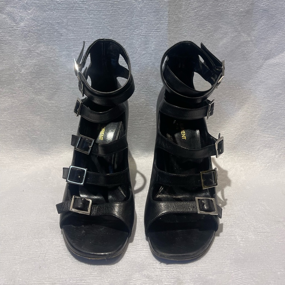 Saint Laurent black leather buckle heels